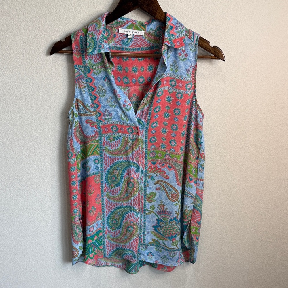 Rose & Olive Blue Print Sleeveless Top Size XS
